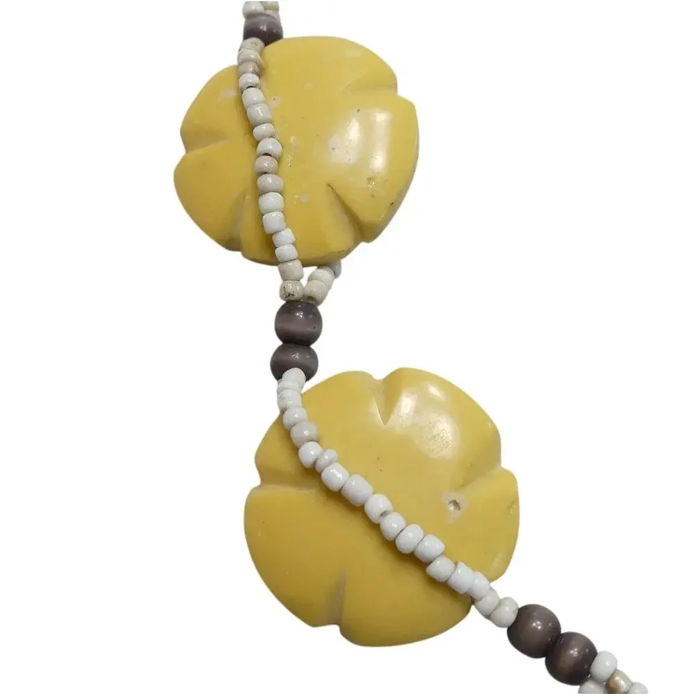 Vintage Chunky Yellow Bakelite & Seed Bead Geometric Boho Necklace